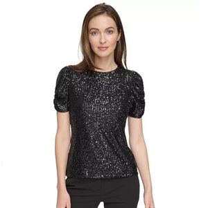 DKNY Women's Puff-Sleeve Sequin-Embellished T-Shirt Size Small